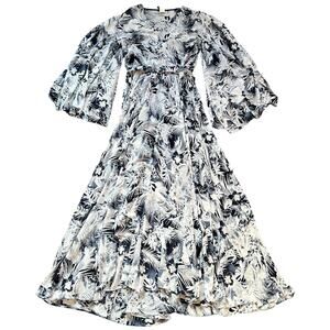 Eleganzarella Navy White Floral Maxi Dress Flowy  Wedding Guest Formal Event - M
